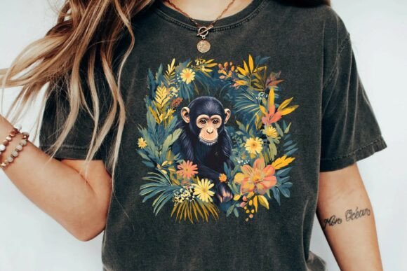 Aesthetic Chimpanzee Floral Wreath Graphic Tee Design
