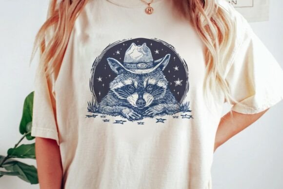 Raccoon Cowboy Starry Night Graphic Png: Cosmic Country Design